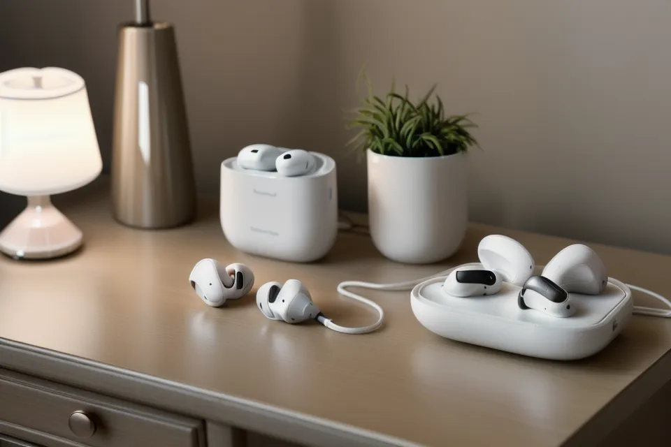 Kopfhörer und Smartphone mit einer binaurale-Beats-App auf dem Schreibtisch im Büro.