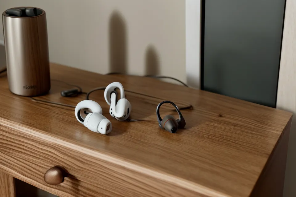 In-Ear-Kopfhörer und Notizen-App mit Schlafprotokoll für binaurale Beats auf dem Nachttisch