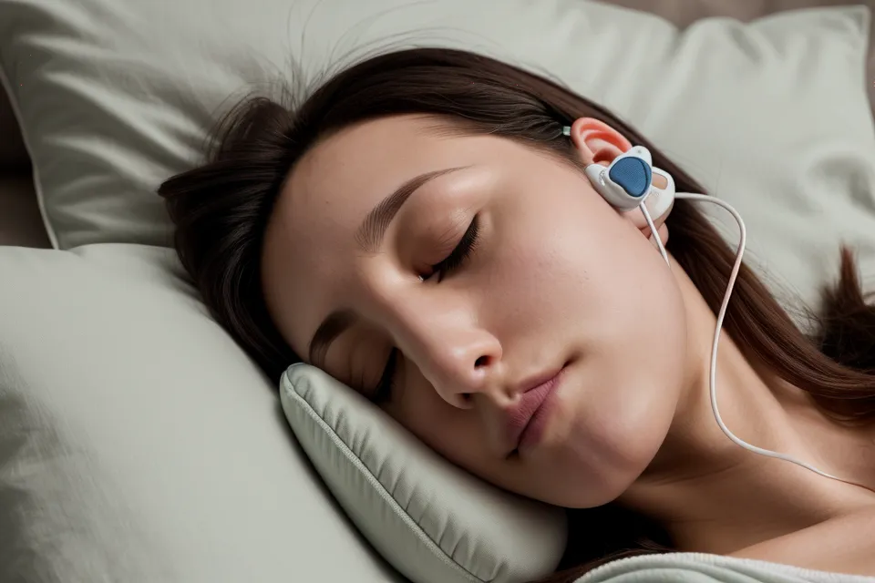Entspannt schlafend mit In-Ear-Kopfhörern nach Frequenz-Audio gegen Durchschlafstörungen bei Stress