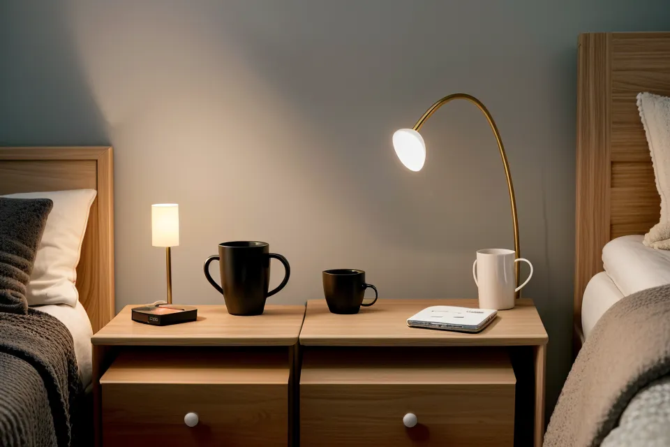 Stereo-Kopfhörer für DMH Beats auf dem Schreibtisch neben einer kalten Tasse Kaffee im Büro