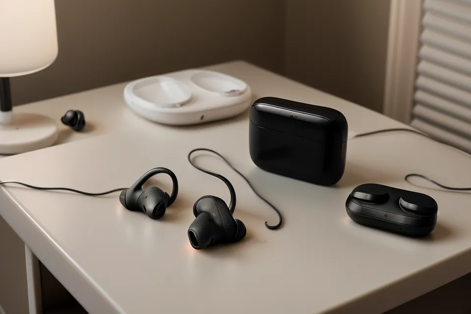 Noise-Cancelling-Kopfhörer auf dem Schreibtisch, bereit für die Alpha-Wellen Fokus-Session nach dem Mittagessen