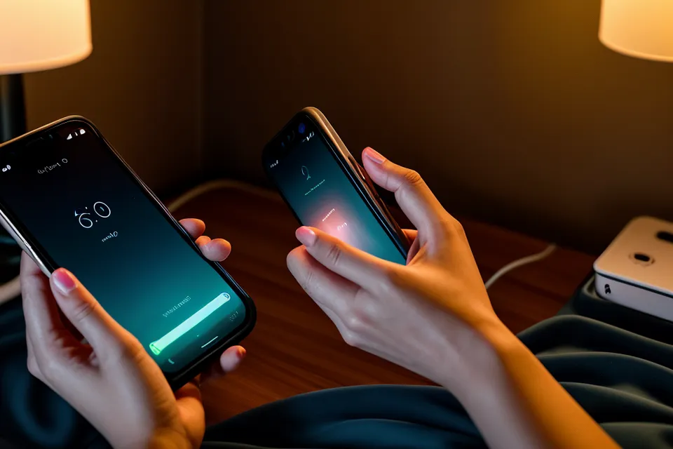 Smartphone mit Frequenz-Audio App für Schlafoptimierung auf dem Nachttisch im abends beleuchteten Schlafzimmer