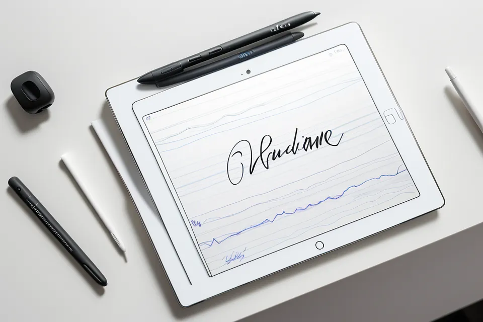 Tablet mit Notizen zum Frequenz-Tagebuch und kabellosen Ohrhörern auf dem Schreibtisch für Fokus-Training