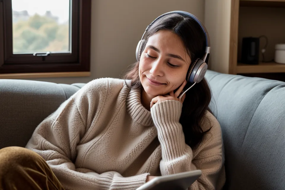 Projektleiterin aus der IT-Beratung entspannt sich mit Kopfhörern nach einem stressigen Arbeitstag – Fokus-Pause mit Frequenz-Audio.