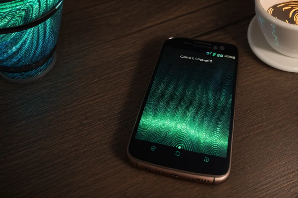 Smartphone mit Frequenz-Audio-App und Over-Ear-Kopfhörern auf einem ICE-Tisch während der Geschäftsreise