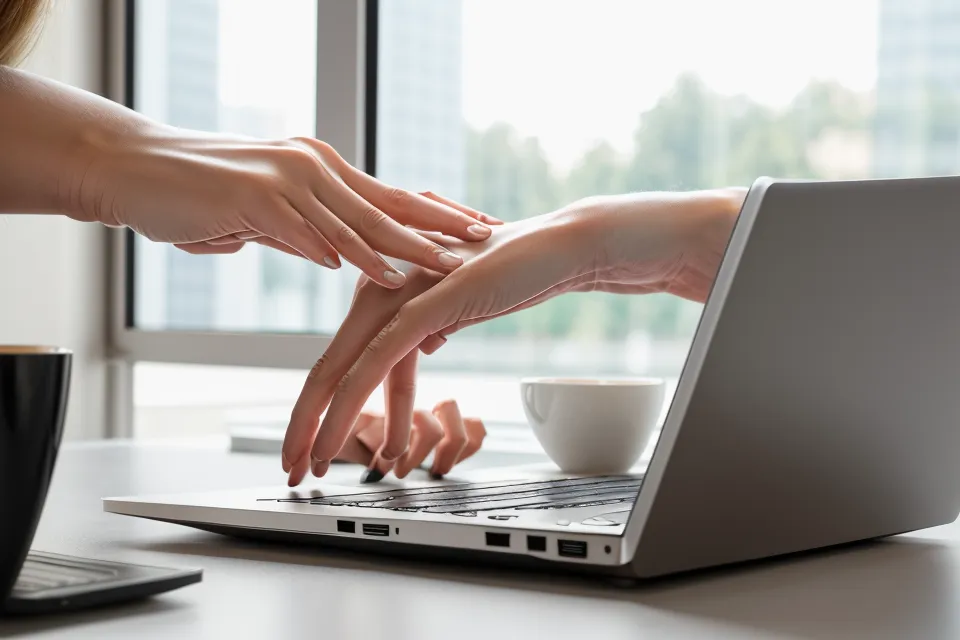 Homeoffice-Schreibtisch mit Kaffeetasse, Laptop und Kopfhörern für Frequenz-Audio gegen IT-Stress