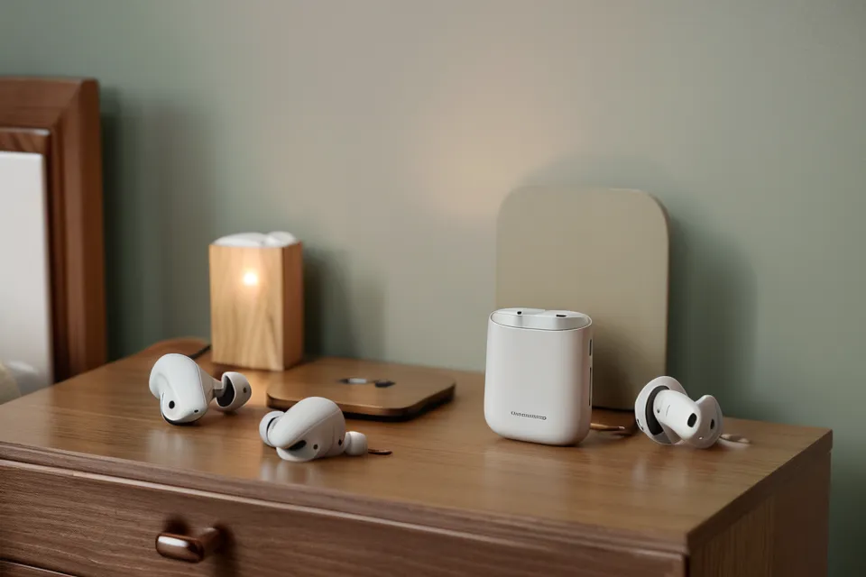 Over-Ear-Kopfhörer neben einem Smartphone mit Audio-Wellenform – Setup für binaurale Beats und Gehirnwellen-Entrainment im Büro