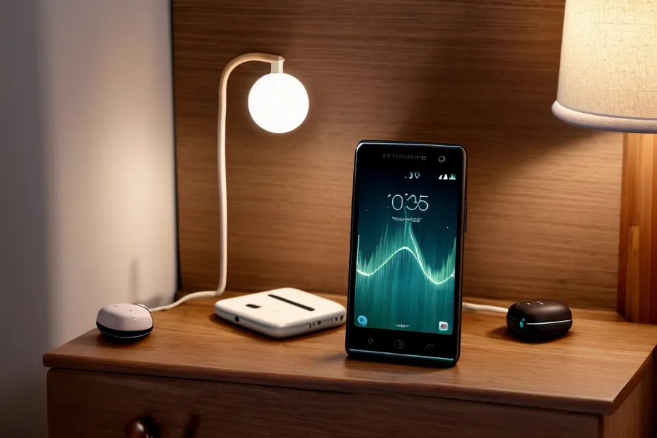 Frequenz-Audio-App DMH Beats auf dem Smartphone mit Kopfhörern auf dem Nachttisch
