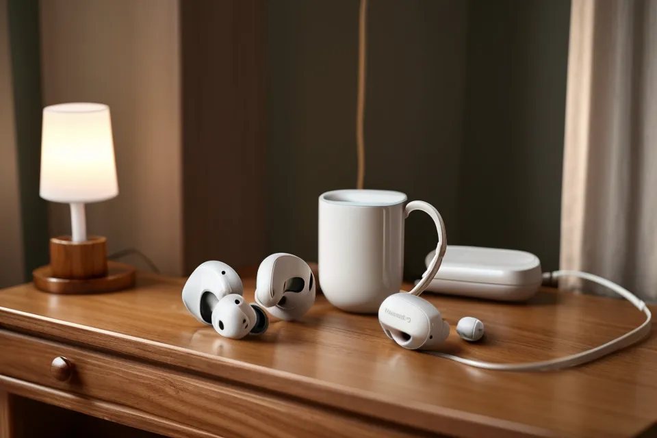 Kognitive Belastung im Projektmanagement senken mit neowake Audio Frequenzen – Projektleiterin mit Kopfhörern am Schreibtisch