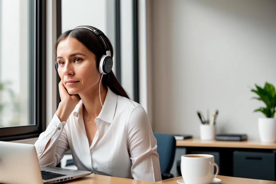 Frau mit Over-Ear-Kopfhörern am Schreibtisch während einer Frequenz-Audio-Session zum Fokus und Konzentration steigern