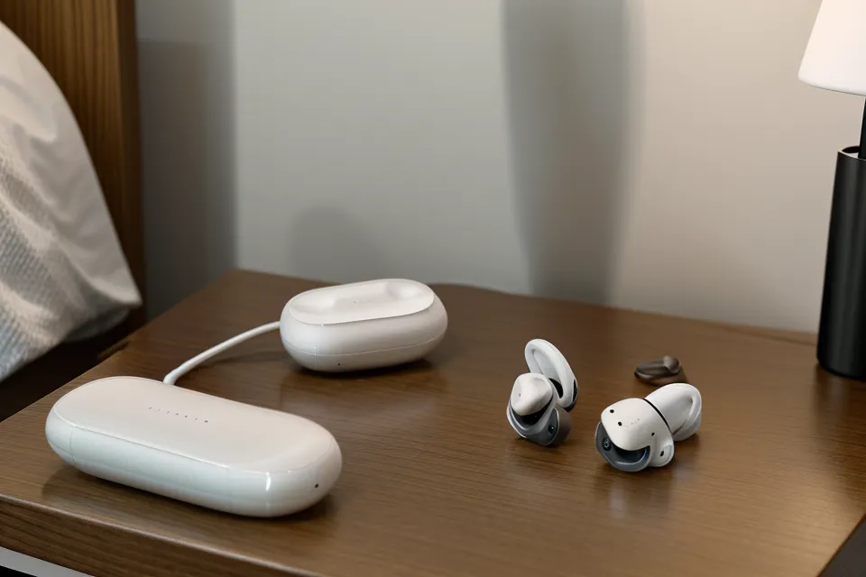 Over-Ear-Kopfhörer und Smartphone mit Audio-App für binaurale Beats zur Konzentrationssteigerung im Büro