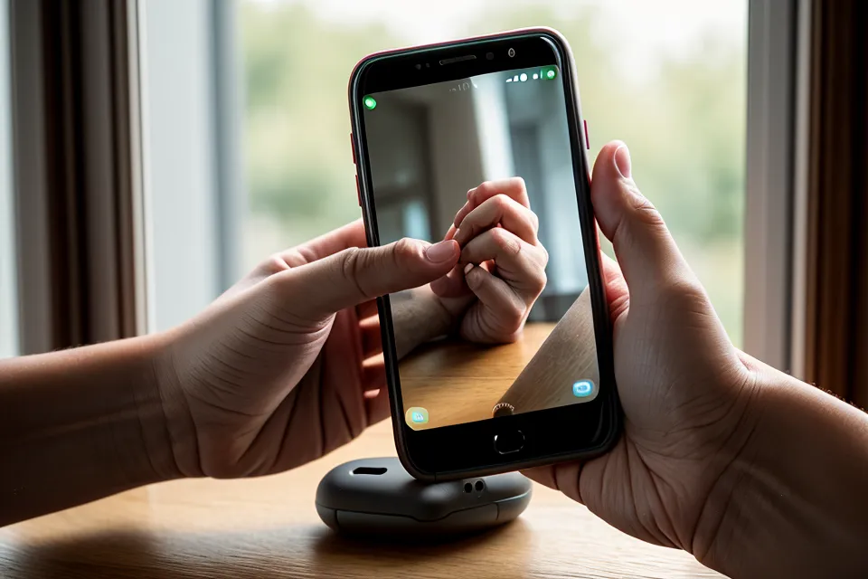 Frequenz-Audio App mit Wellenmustern für Fokus-Training und mentale Ausdauer, kabellose Ohrhörer griffbereit auf dem Schreibtisch