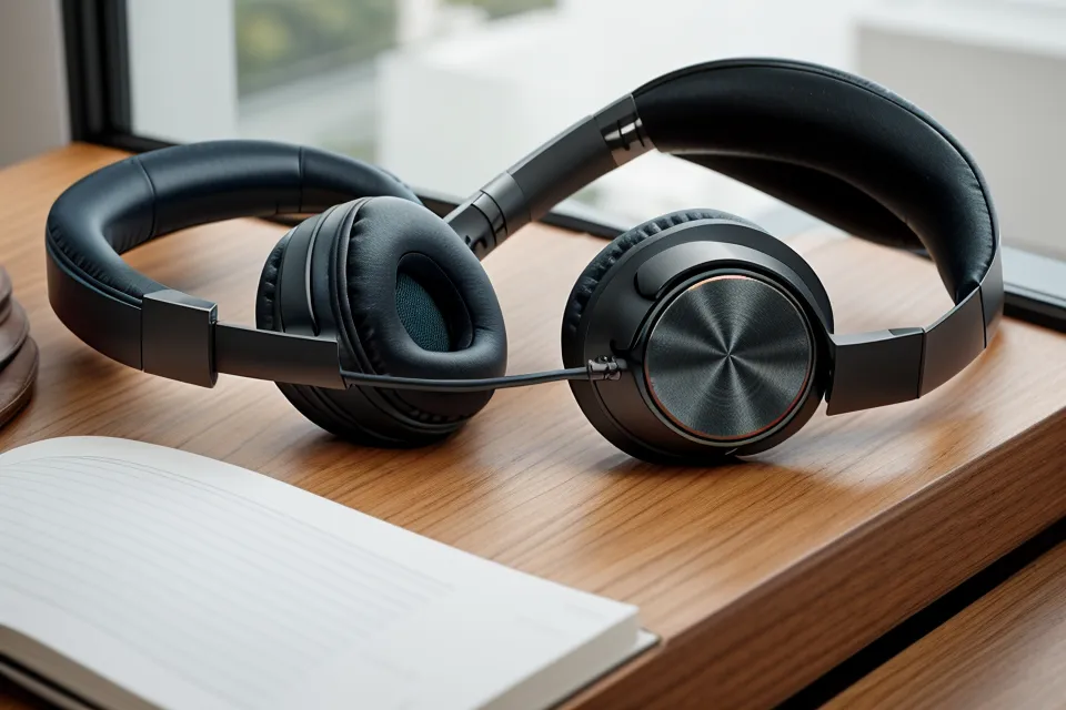 Over-Ear-Kopfhörer für Frequenz-Audio Pausen neben einem Notizbuch – Fokus-Training gegen Projektmanagement-Stress