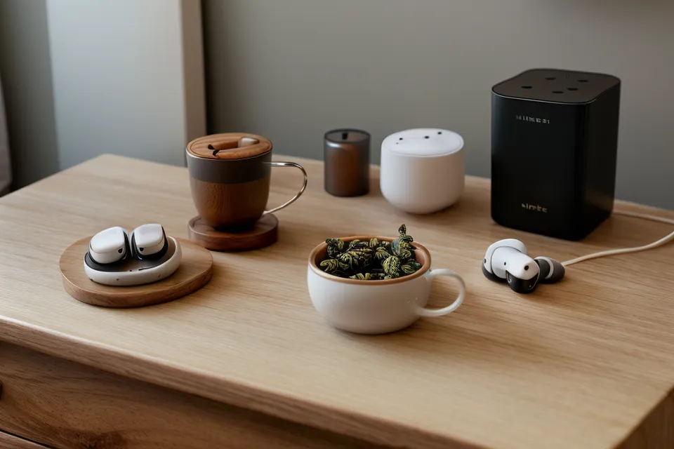 Over-Ear-Kopfhörer und Smartphone mit Audio-App auf dem Schreibtisch – Setup für Fokus im Homeoffice und mehr Konzentration