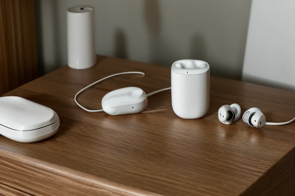 Kabelloser Over-Ear-Kopfhörer neben Laptop und Kaffeetasse auf einem Schreibtisch — Setup für eine DMH Beats Fokus-Session im Homeoffice