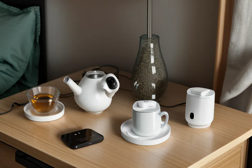 Nahaufnahme eines Smartphones mit einer Notizen-App neben kabellosen Ohrhörern auf einem Holztisch.