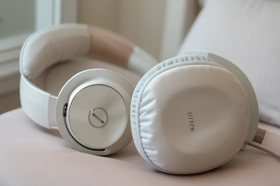 Over-Ear-Kopfhörer auf weißem Kissen im Morgenlicht, bereit für die nächste Frequenz-Audio-Session zur Tiefschlafunterstützung.