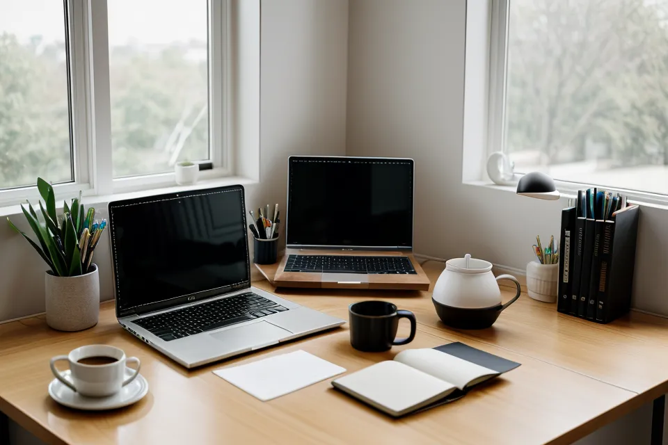 Schreibtisch mit Laptop, Kaffee und Kopfhörern als Symbol für Projektleiter-Stress und den Griff zu Frequenz-Audio.